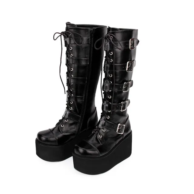 motorcycle punk boots lady wedges platform shoes
