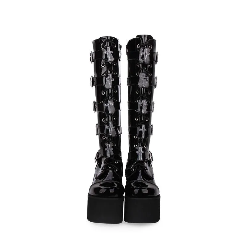 motorcycle punk boots lady wedges platform shoes