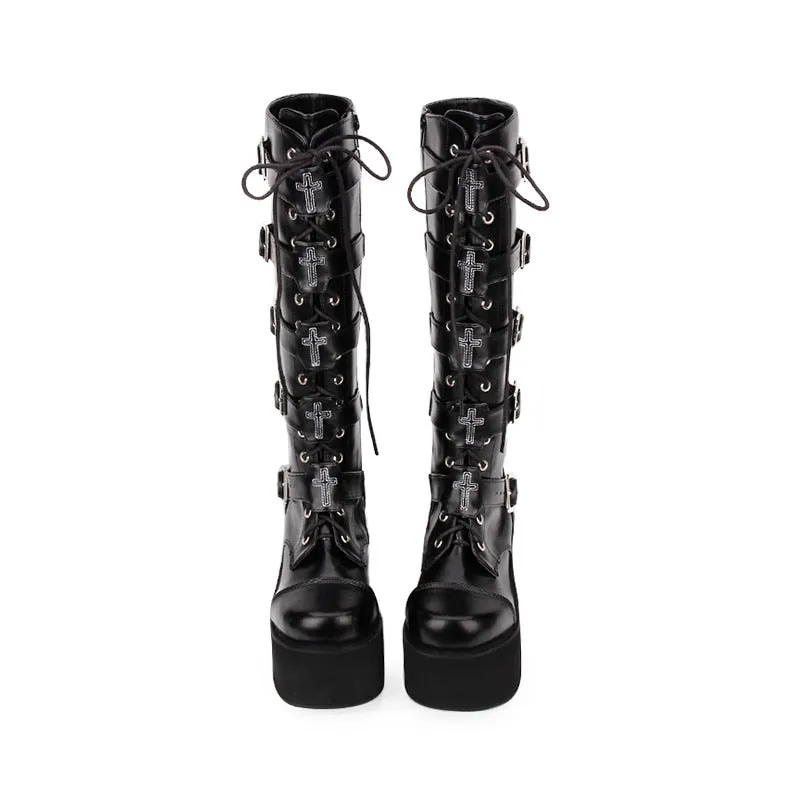 motorcycle punk boots lady wedges platform shoes