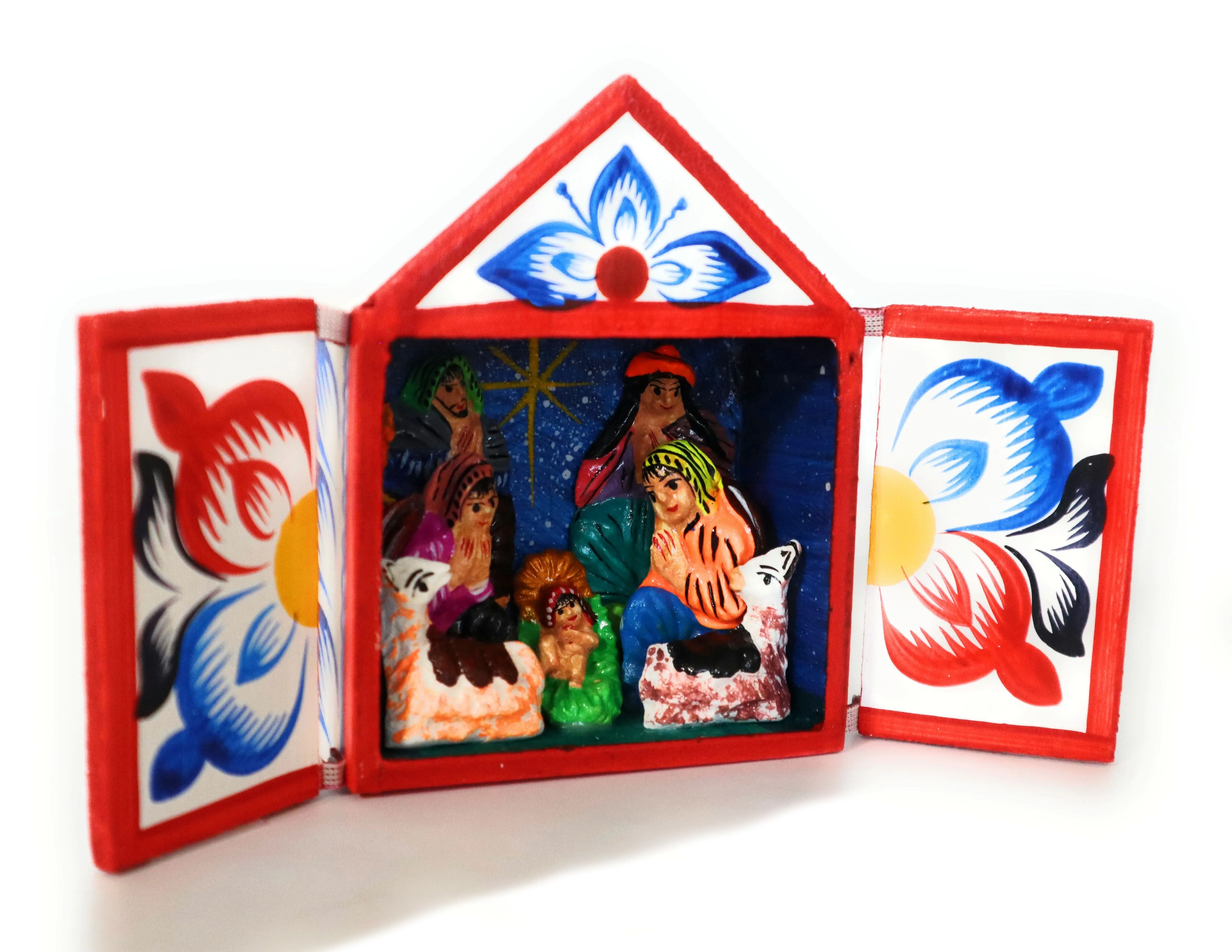 Nativity Scene Diorama Retablo Wood Box Christmas Peruvian Folk Art 4" Tall