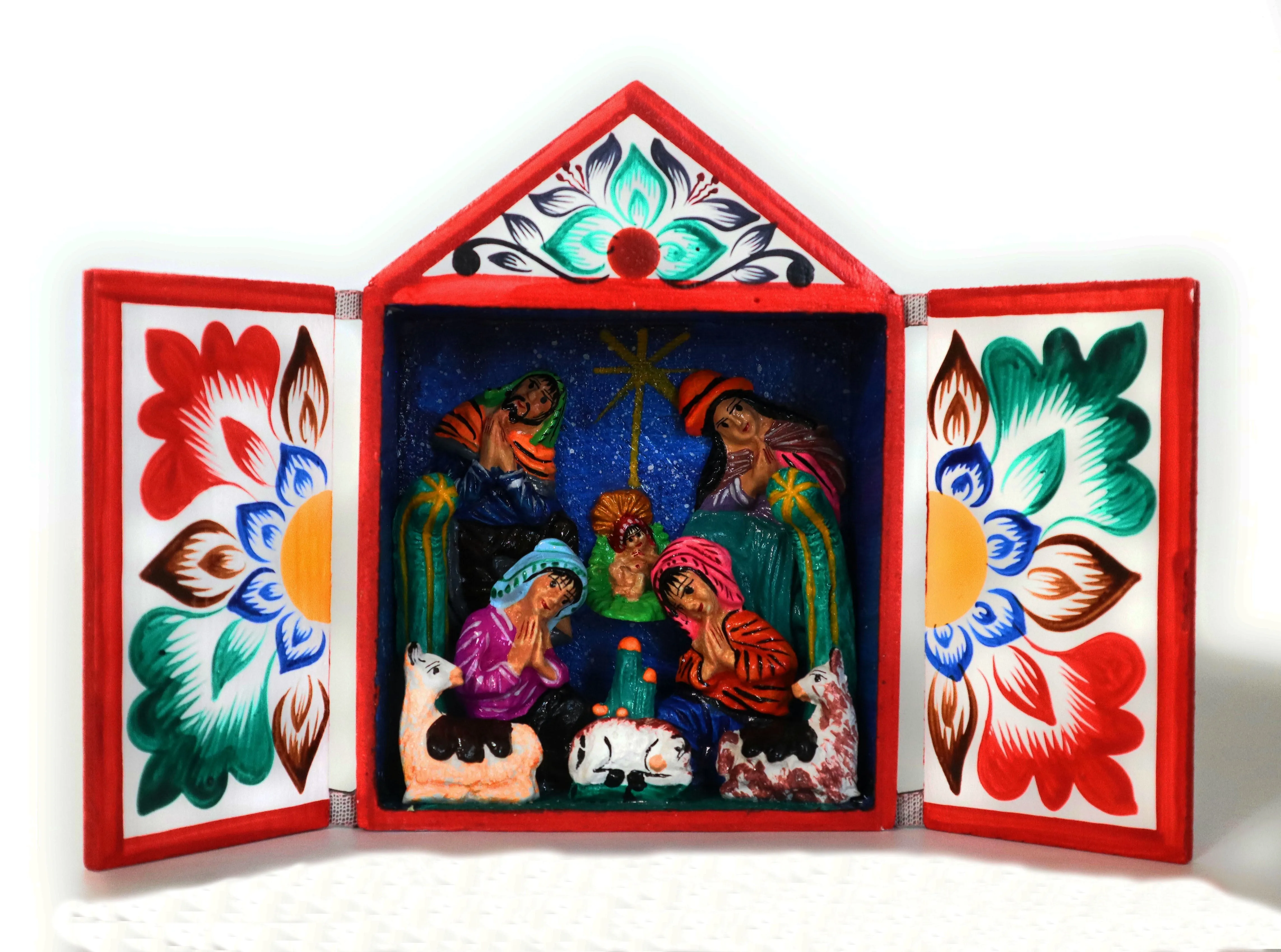 Nativity Scene Diorama Retablo Wood Box Christmas Peruvian Folk Art 5.40" Tall