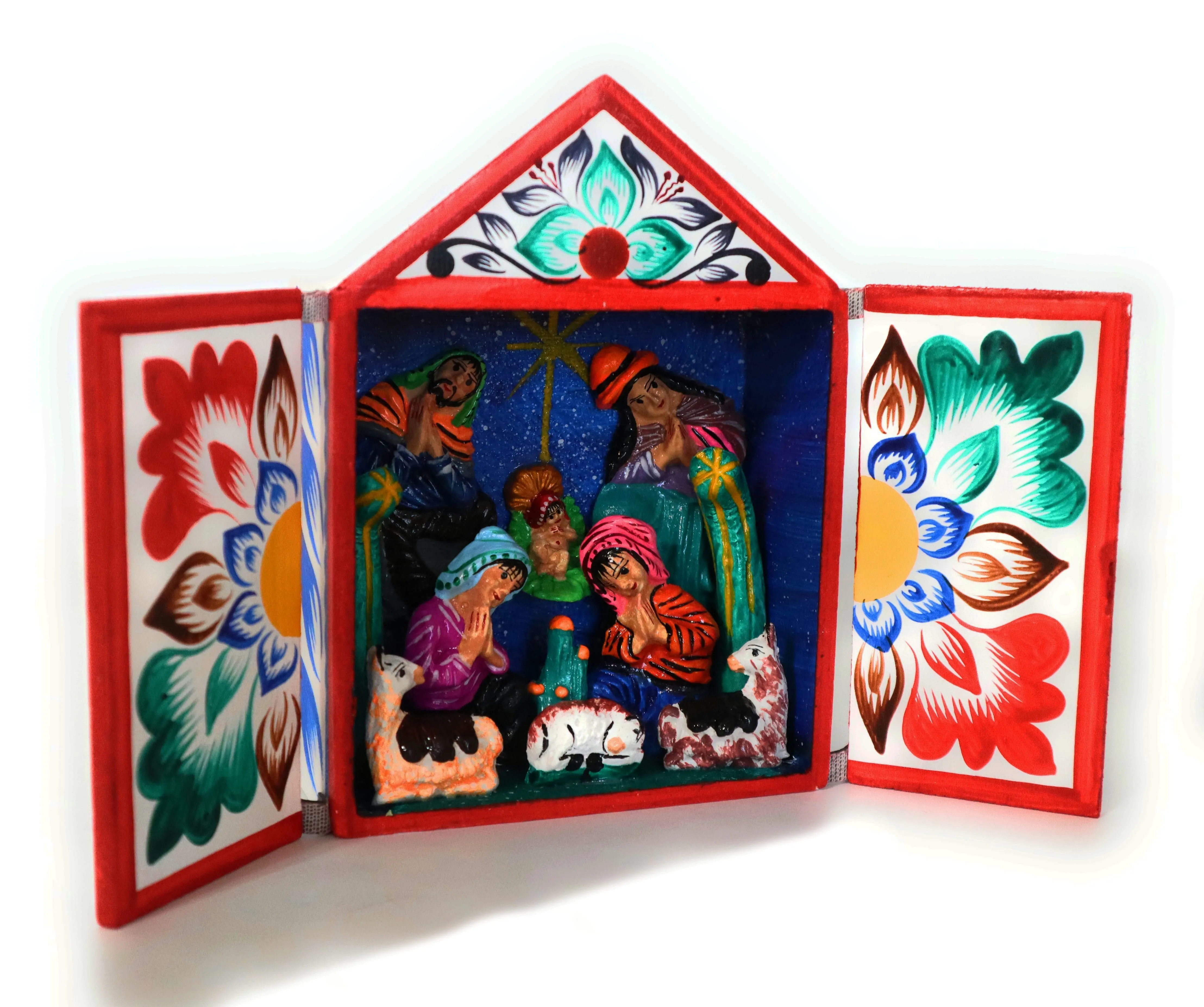 Nativity Scene Diorama Retablo Wood Box Christmas Peruvian Folk Art 5.40" Tall