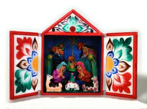 Nativity Scene Diorama Retablo Wood Box Christmas Peruvian Folk Art 5.40" Tall