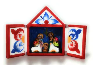 Nativity Scene Miniature Diorama Retablo Wood Box Christmas Peruvian Folk Art 3" Tall