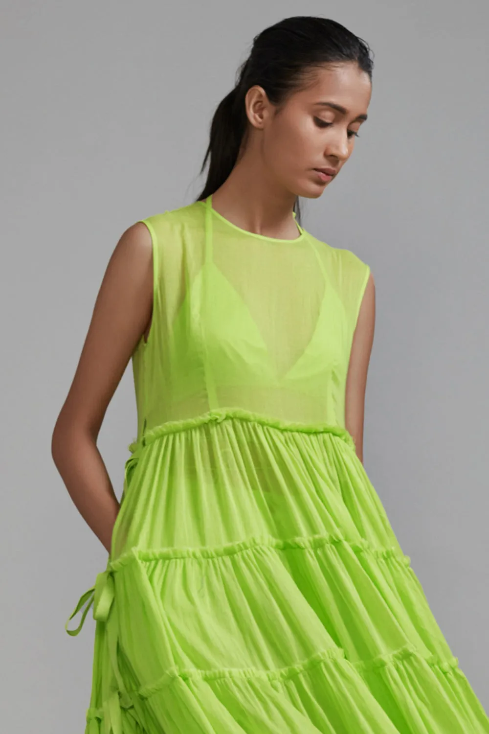 Neon Green Handwoven Mul Tiered Tunic
