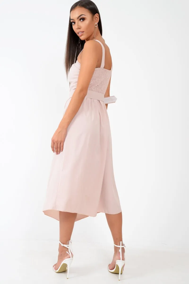 Nude Button Front Belted Midi Dress - Caela