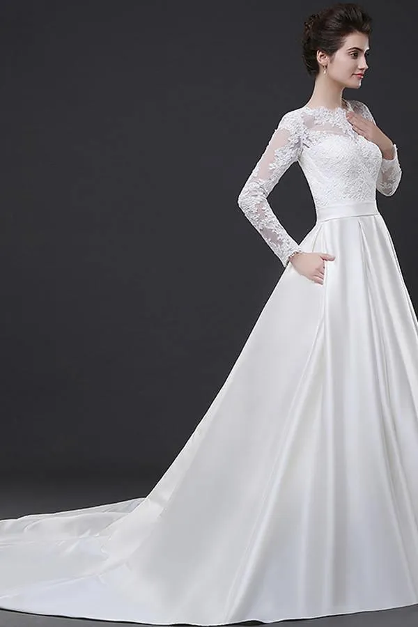 Off Shoulder Long Sleeve Wedding Dress Court Train With Lace Appliques TN0104