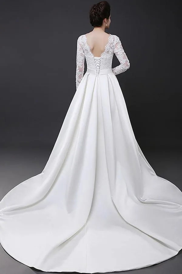 Off Shoulder Long Sleeve Wedding Dress Court Train With Lace Appliques TN0104