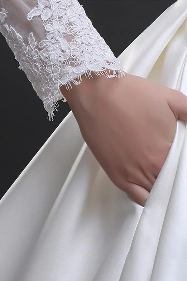 Off Shoulder Long Sleeve Wedding Dress Court Train With Lace Appliques TN0104