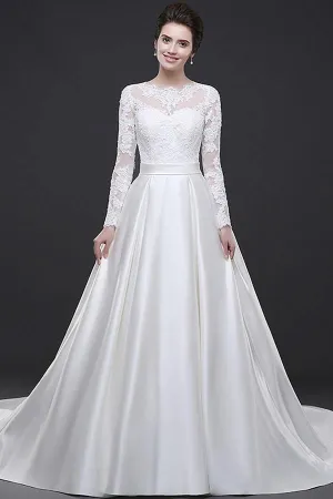 Off Shoulder Long Sleeve Wedding Dress Court Train With Lace Appliques TN0104