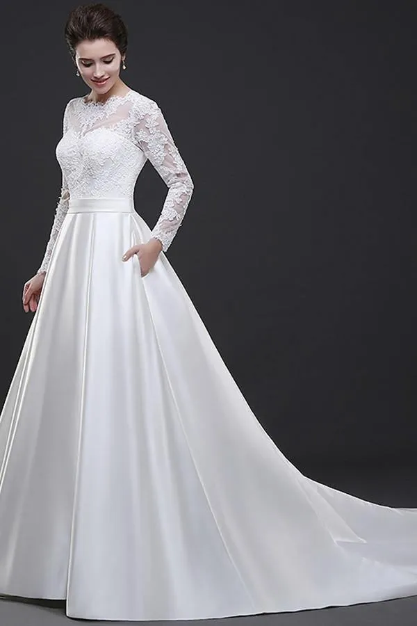 Off Shoulder Long Sleeve Wedding Dress Court Train With Lace Appliques TN0104