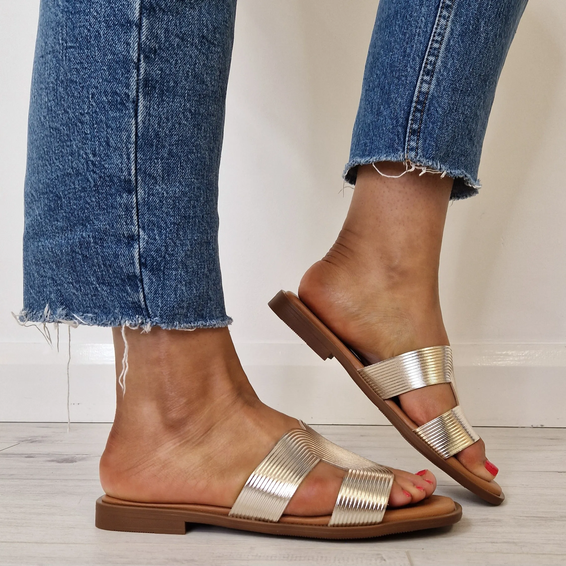 Oh My Sandals Ridged Leather Slip On Flat Mules - Pale Gold