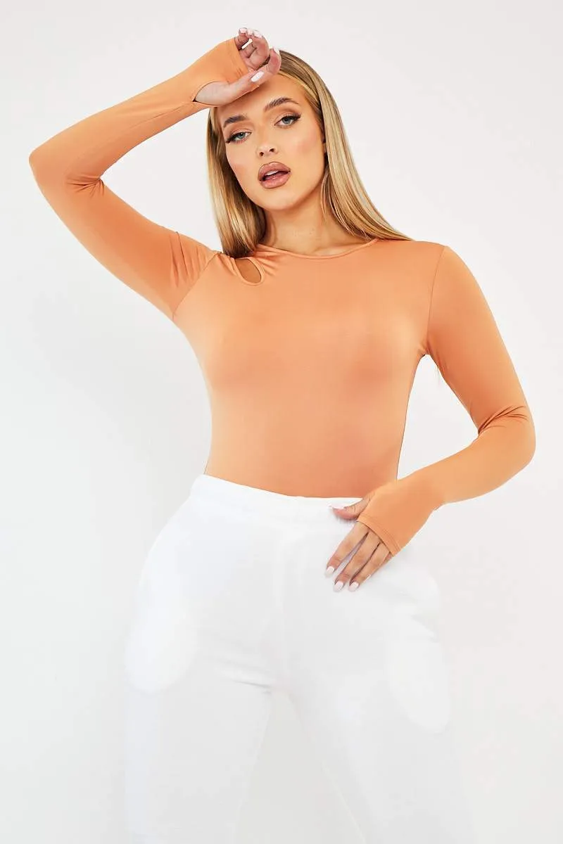 Orange Keyhole Cut Out Slinky Bodysuit - Elidia