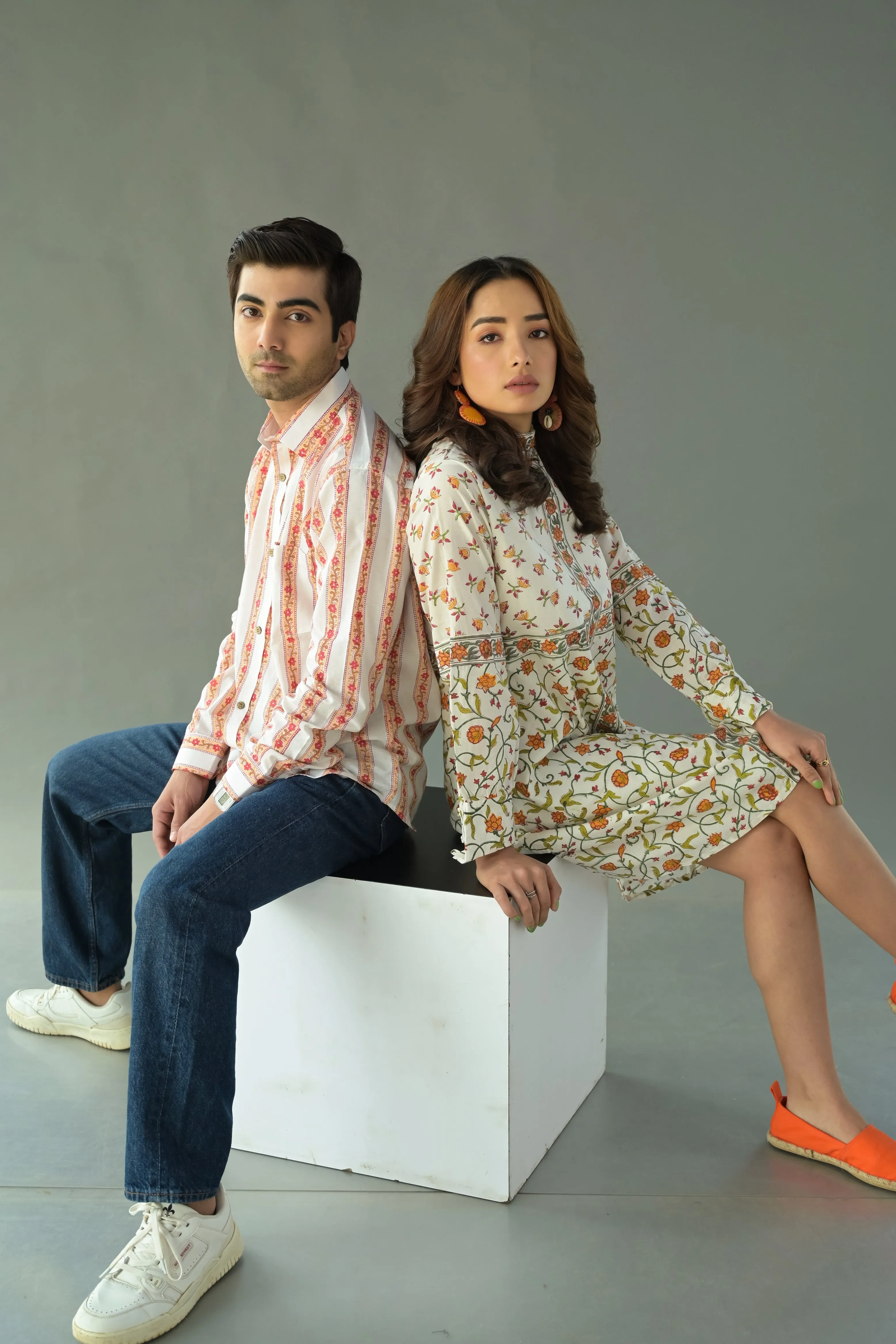 Orange 'Ornamental' Hand Block Printed Cotton Short Dress