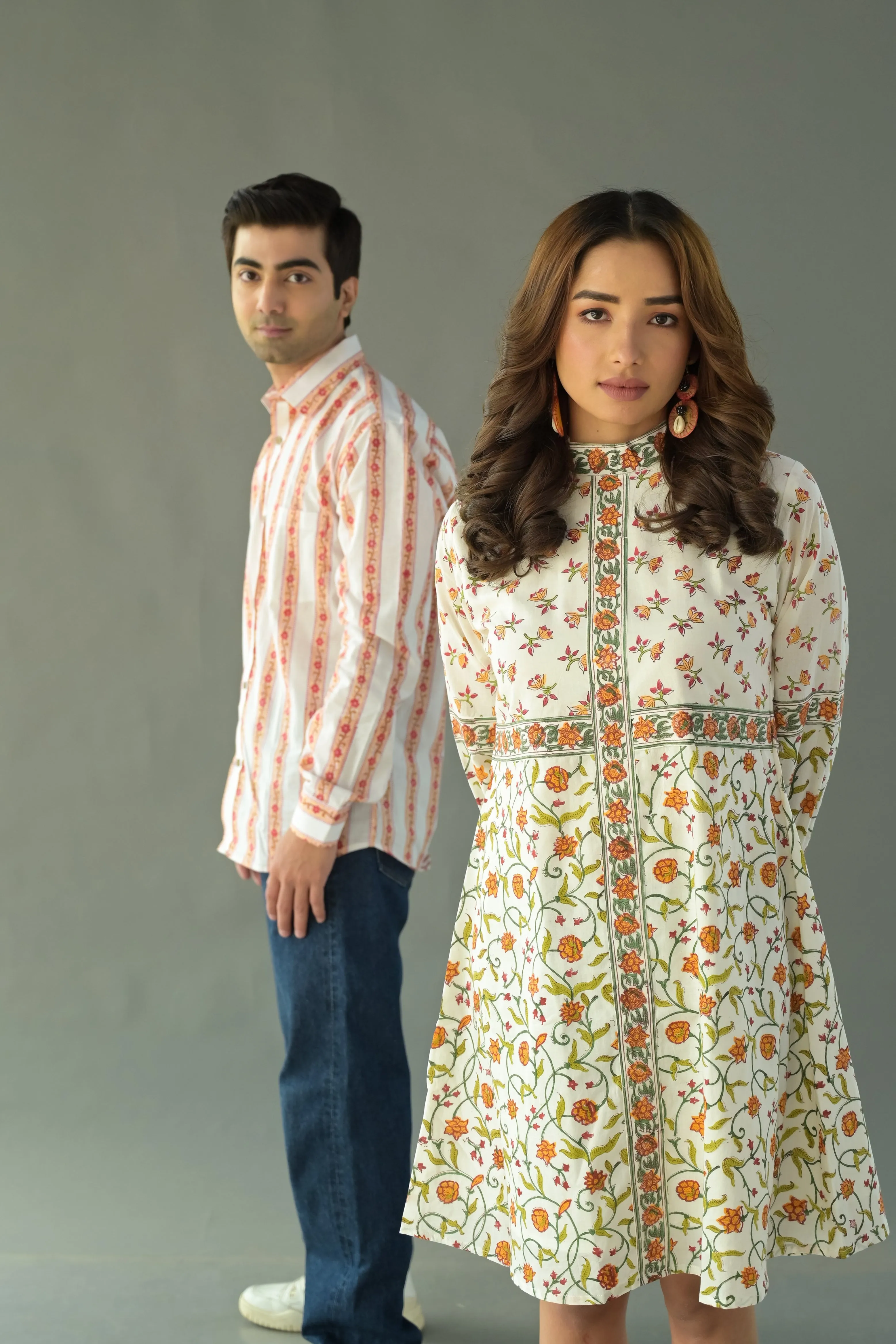 Orange 'Ornamental' Hand Block Printed Cotton Short Dress