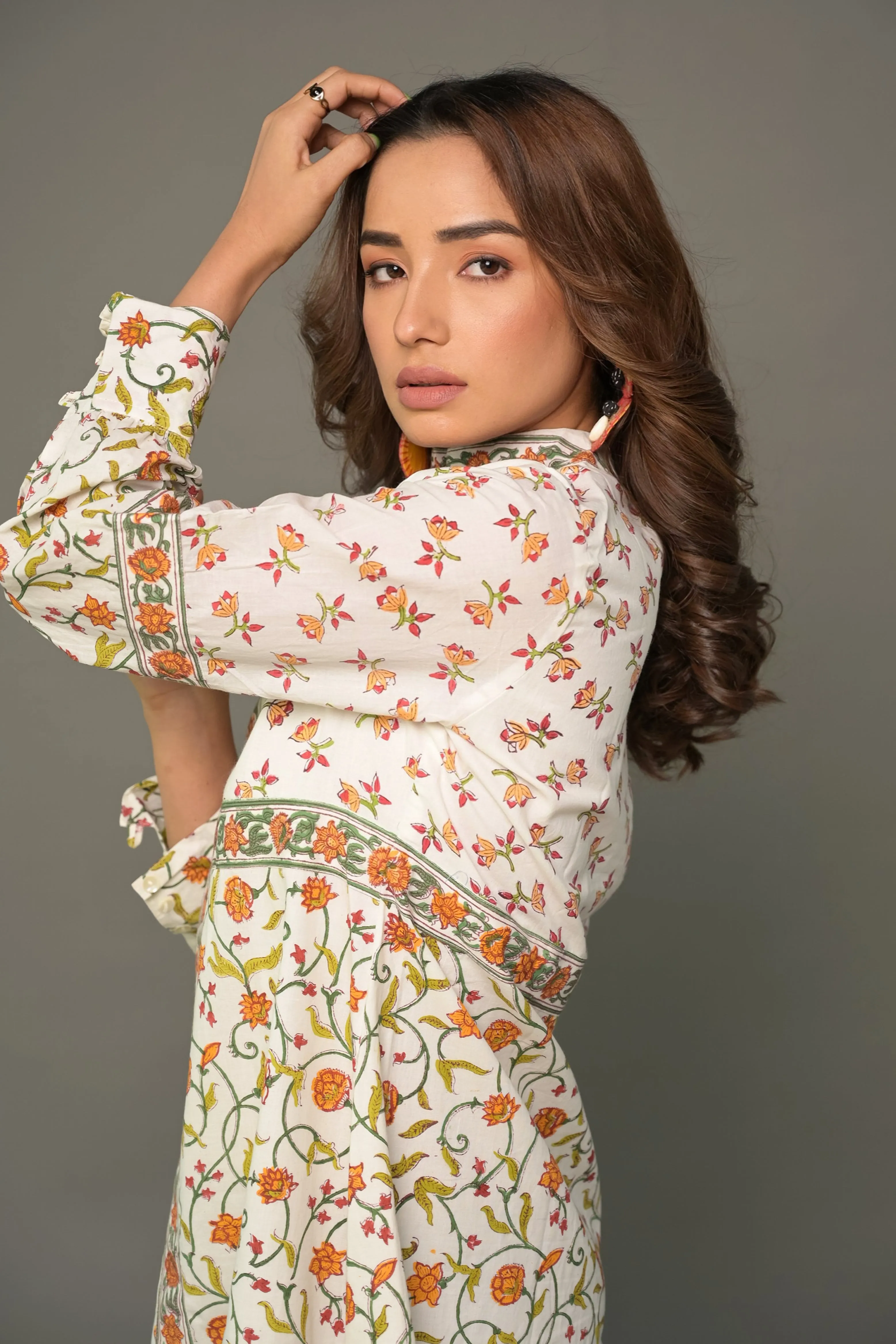 Orange 'Ornamental' Hand Block Printed Cotton Short Dress