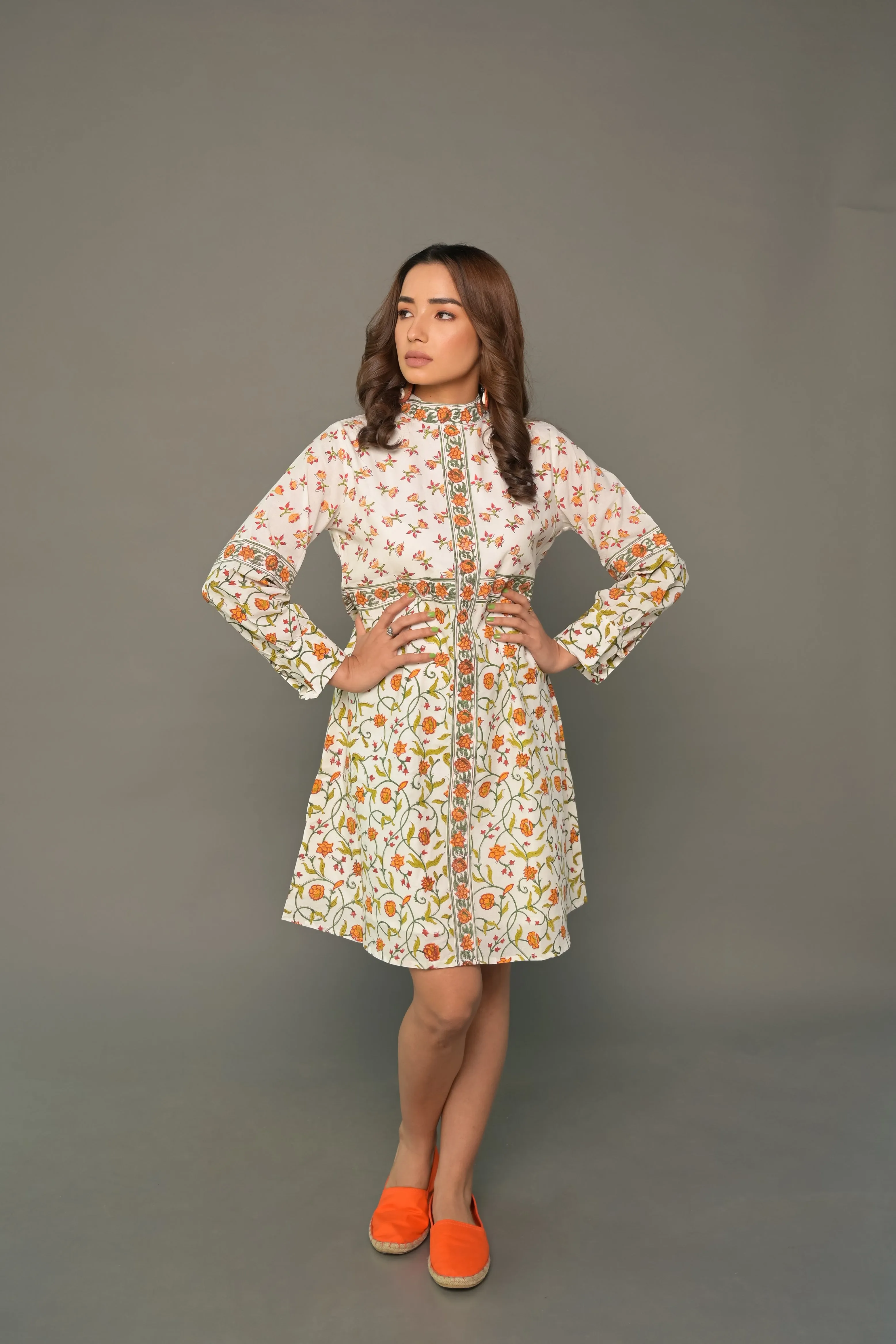Orange 'Ornamental' Hand Block Printed Cotton Short Dress