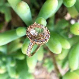 Oval Cut Morganite and Diamond Halo Ring