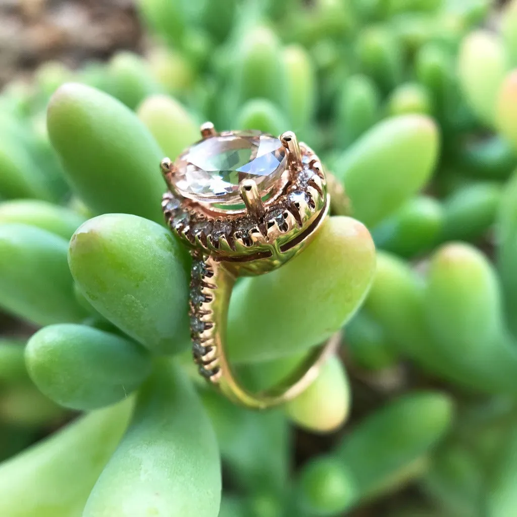 Oval Cut Morganite and Diamond Halo Ring