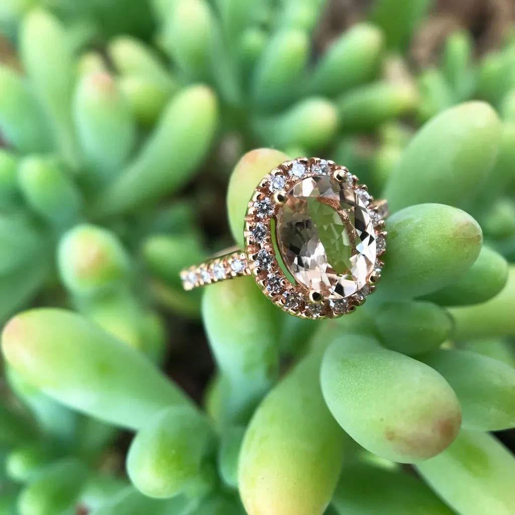 Oval Cut Morganite and Diamond Halo Ring