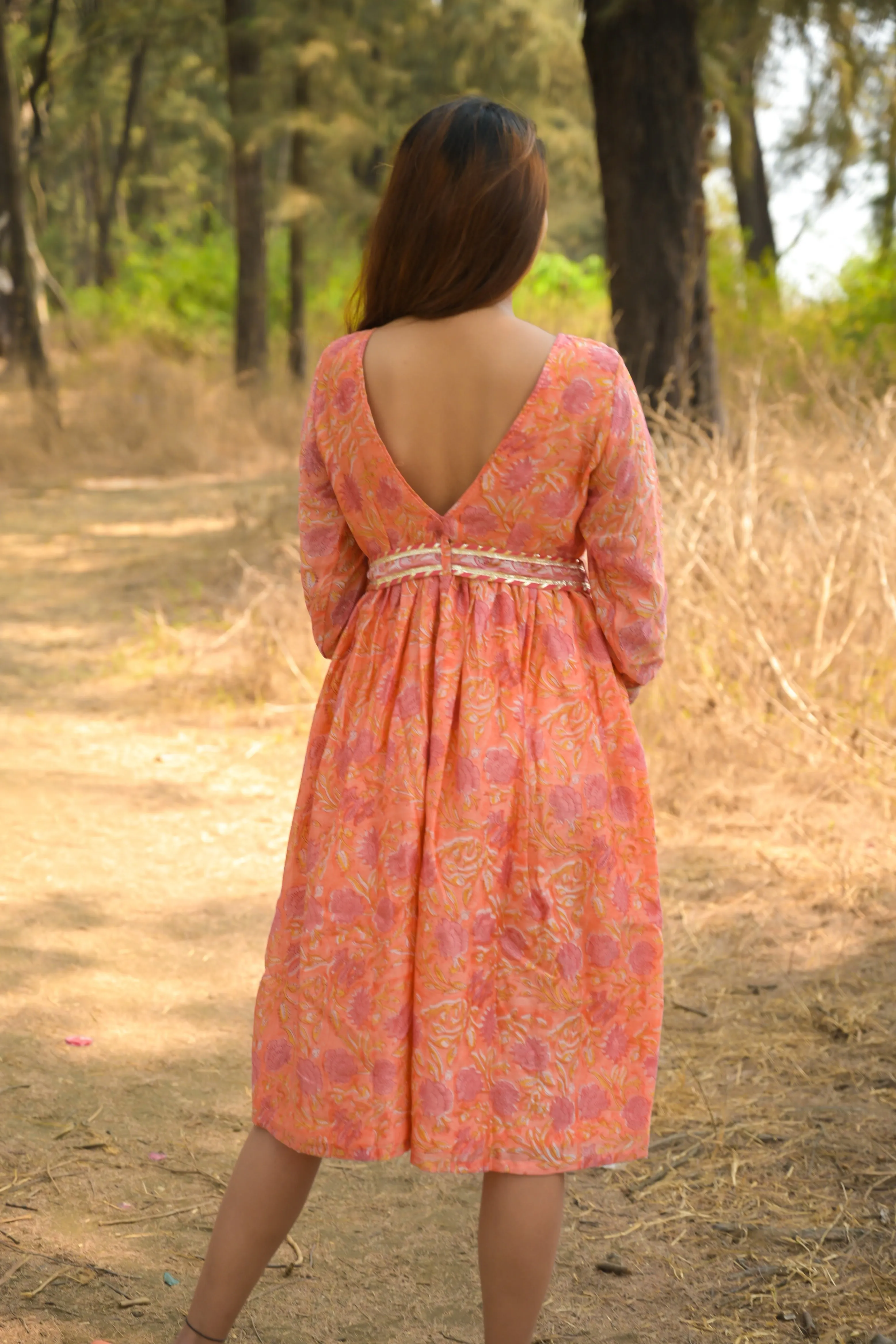 Peach 'Playful' Floral Chanderi Dress