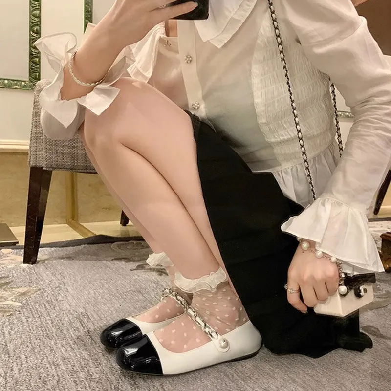 Pearl Buckle Mary Jane Flat Shoes for Women