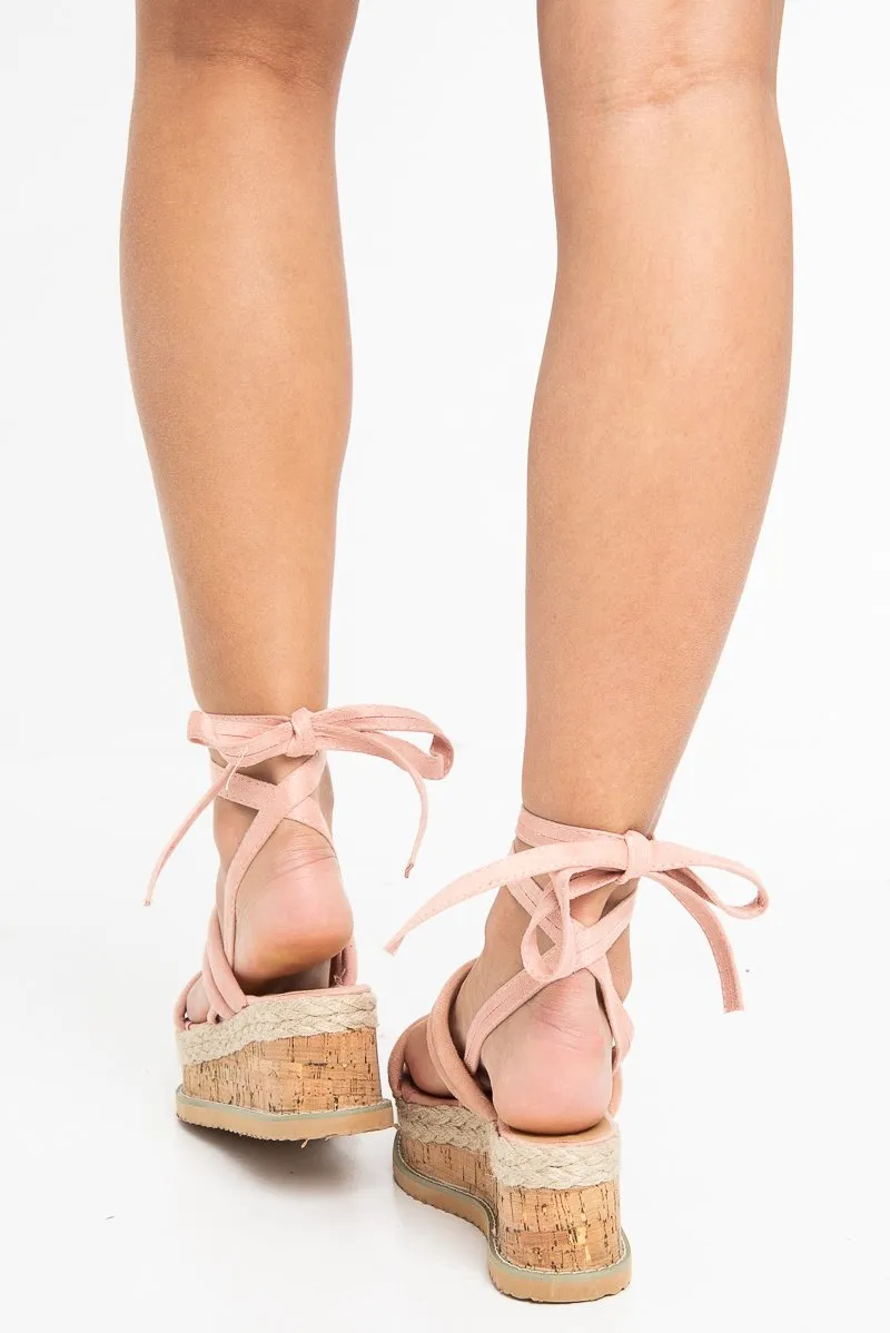 Pink Faux Suede Double Strap Lace Up Wedges - Nyia