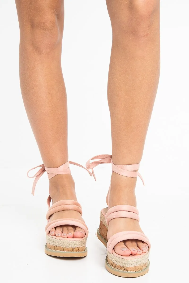 Pink Faux Suede Double Strap Lace Up Wedges - Nyia