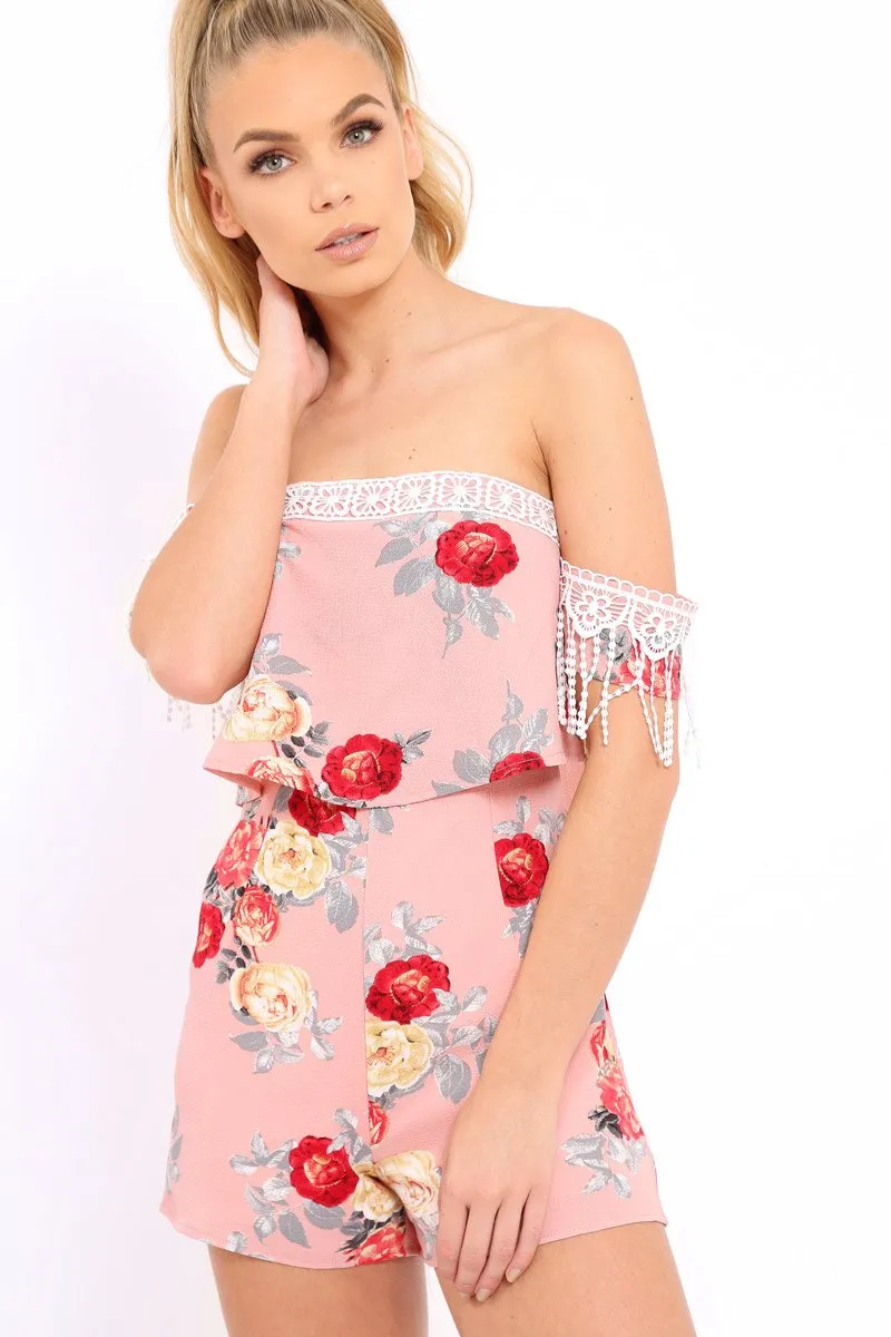Pink Floral Lace Trim Playsuit - Tamika