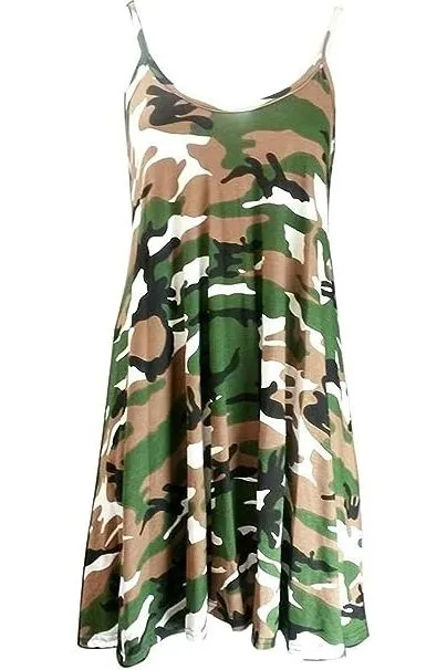 Plus Size Army Print Strappy Mini Dress Vest Top
