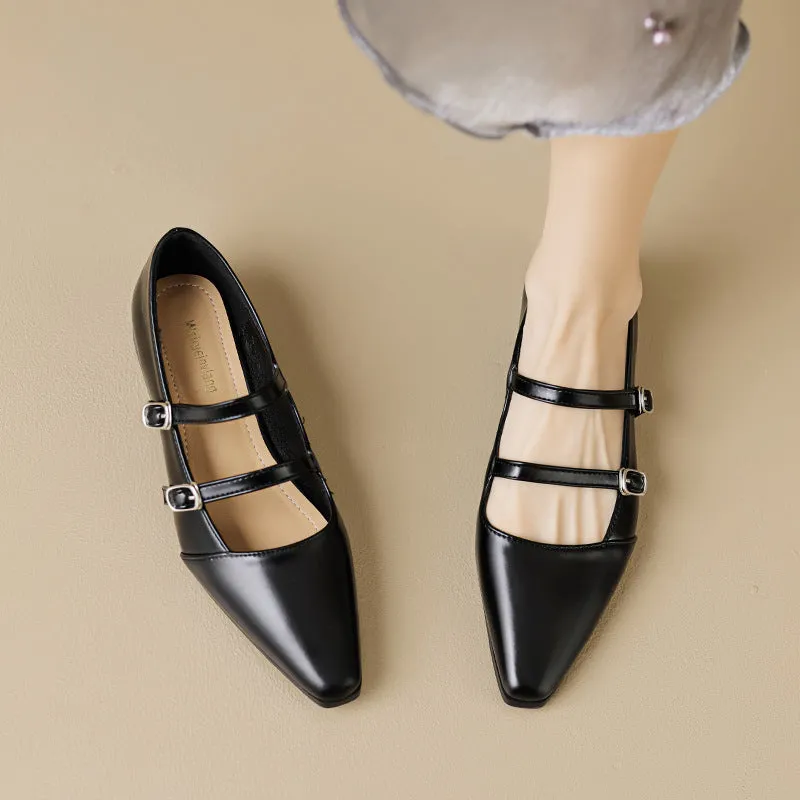 Pointed Toe Mary Jane Shoes French Style Shallow Thick Heel Women's Shoes