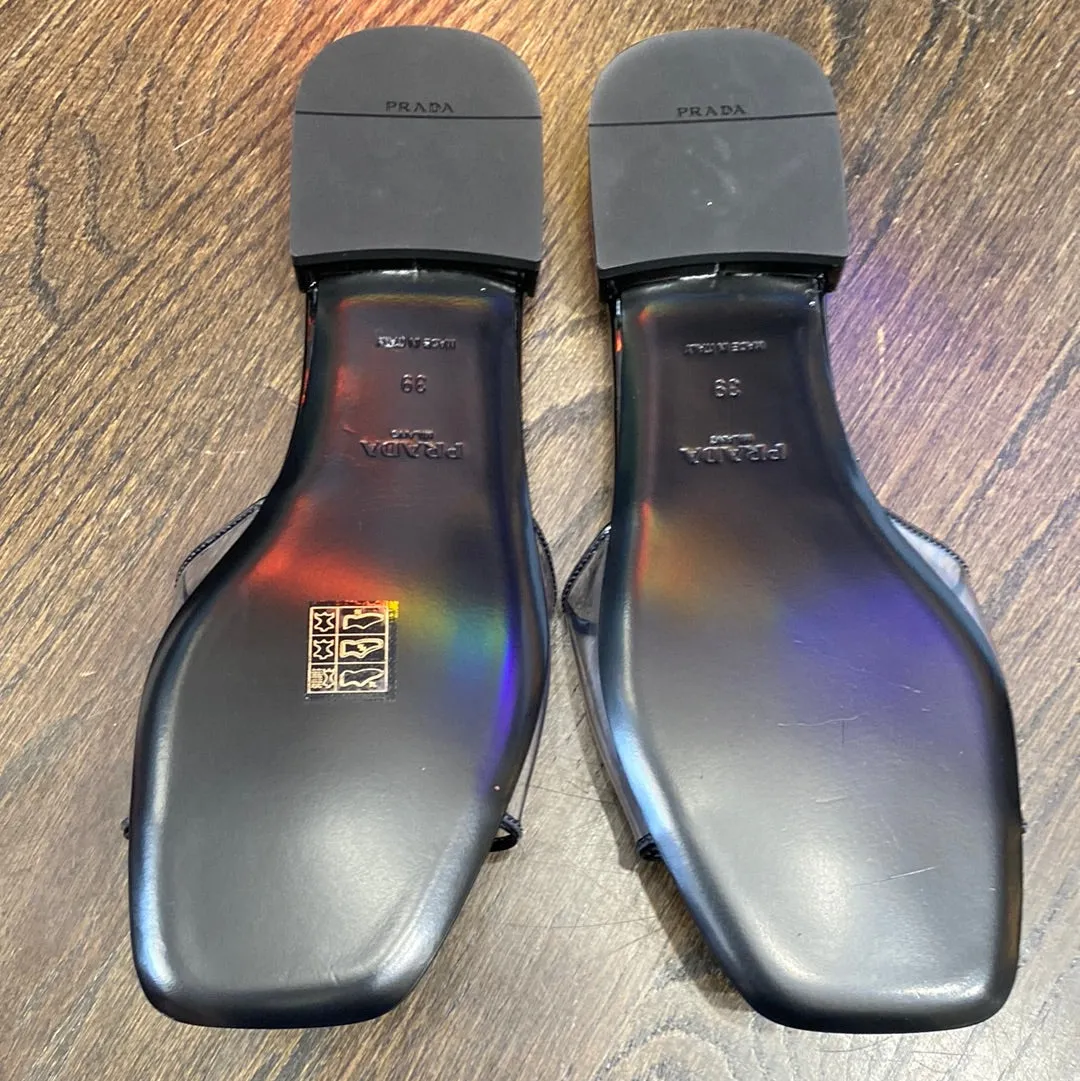 Prada Black Patent Leather Ciabatta Clear Flat Sandals