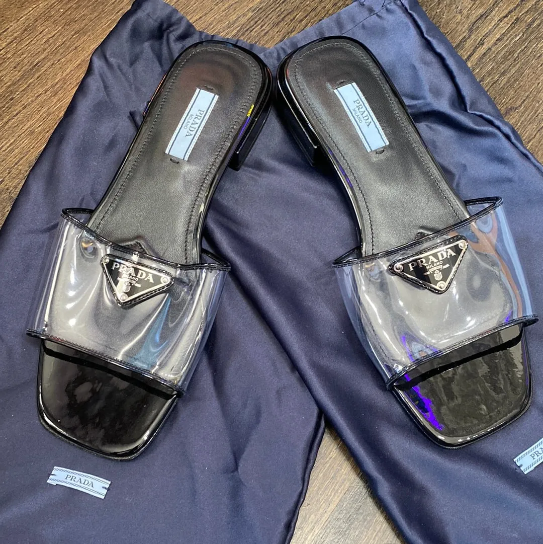 Prada Black Patent Leather Ciabatta Clear Flat Sandals
