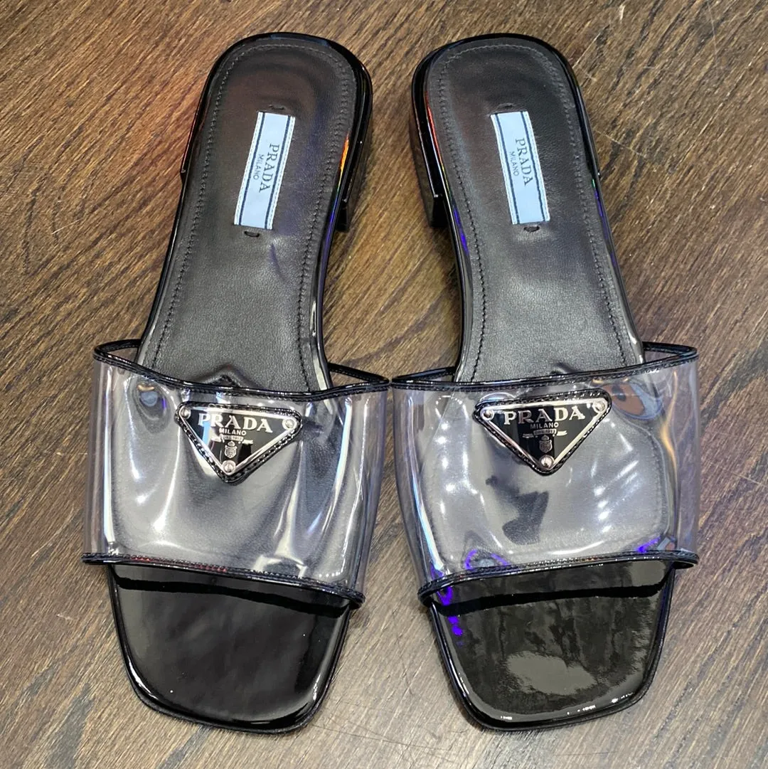 Prada Black Patent Leather Ciabatta Clear Flat Sandals
