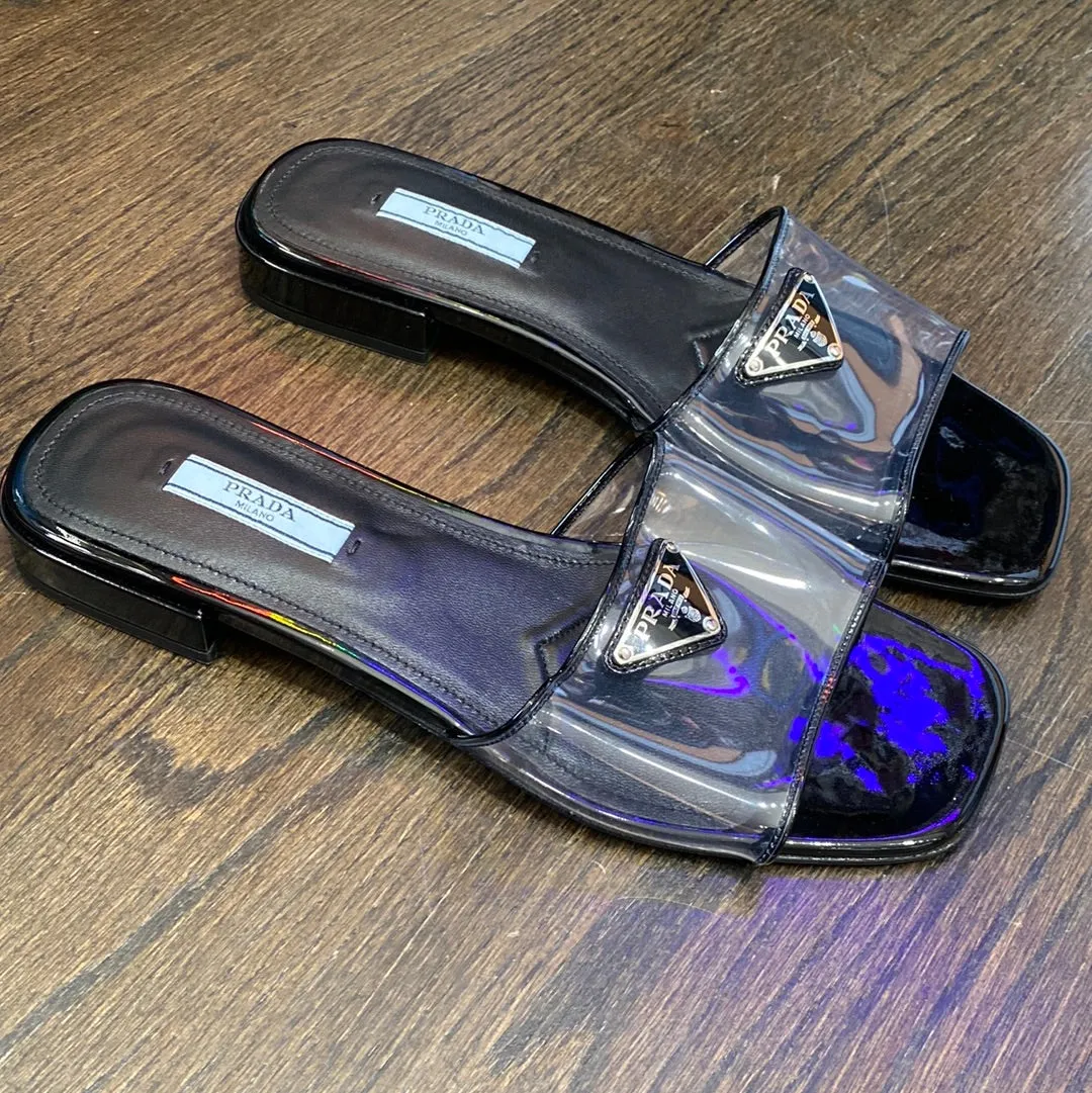 Prada Black Patent Leather Ciabatta Clear Flat Sandals