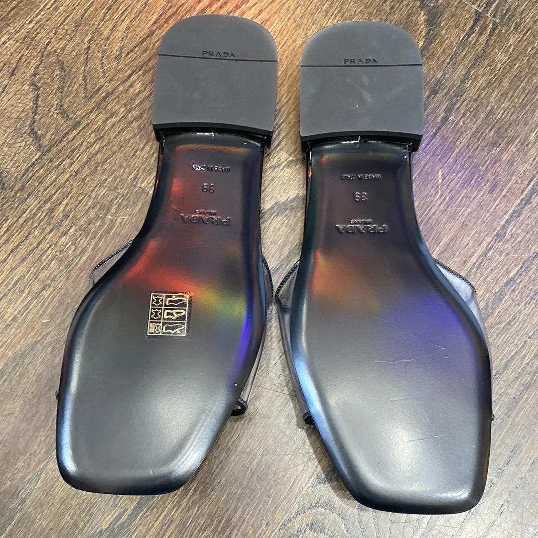 Prada Black Patent Leather Ciabatta Clear Flat Sandals