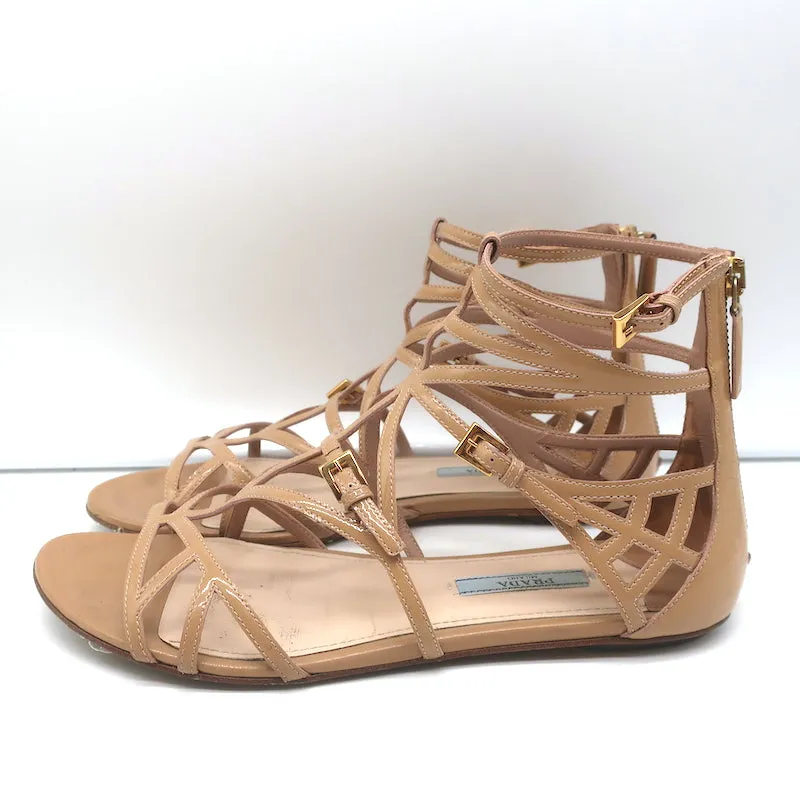 Prada Flat Caged Sandals Beige Patent Leather Size 37.5