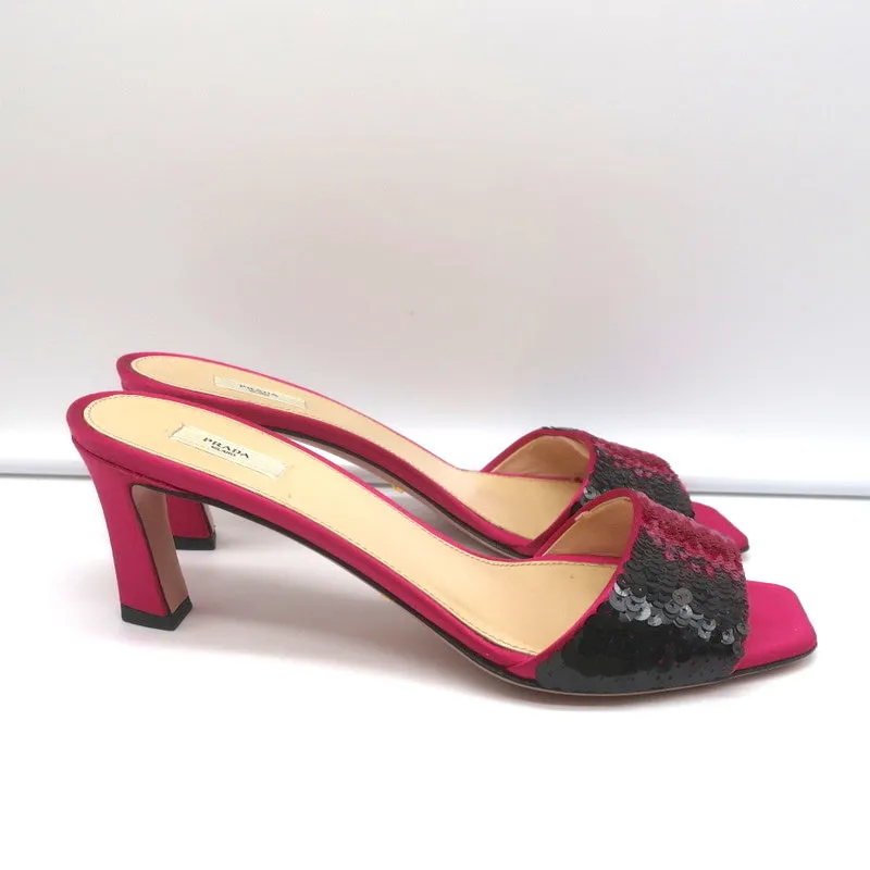Prada Ombre Sequin Mules Fuchsia Satin Size 38 Open Toe Slide Sandals
