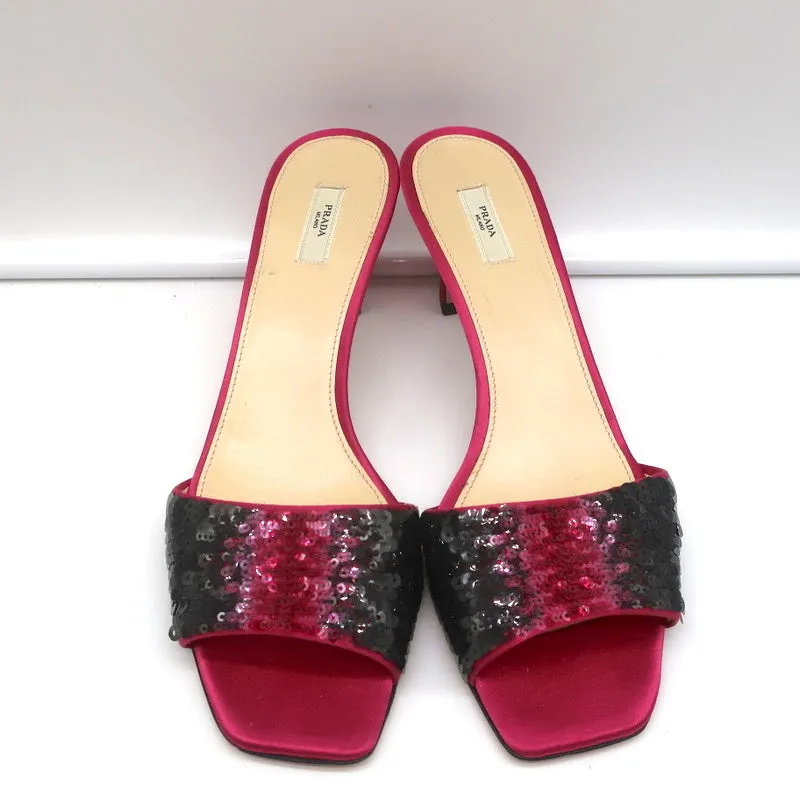 Prada Ombre Sequin Mules Fuchsia Satin Size 38 Open Toe Slide Sandals