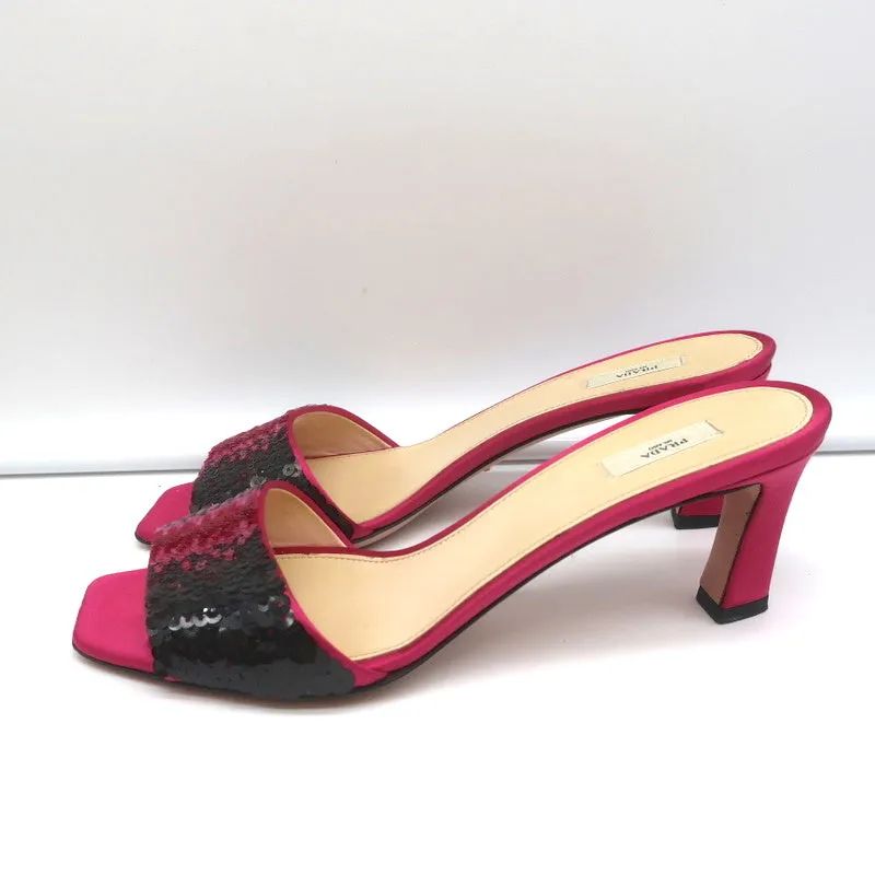 Prada Ombre Sequin Mules Fuchsia Satin Size 38 Open Toe Slide Sandals