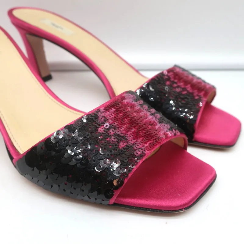 Prada Ombre Sequin Mules Fuchsia Satin Size 38 Open Toe Slide Sandals
