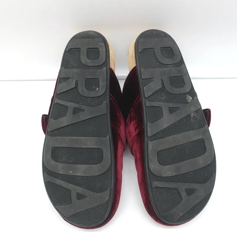 Prada Velvet Clogs Bordeaux Size 38 Flat Buckle Mules