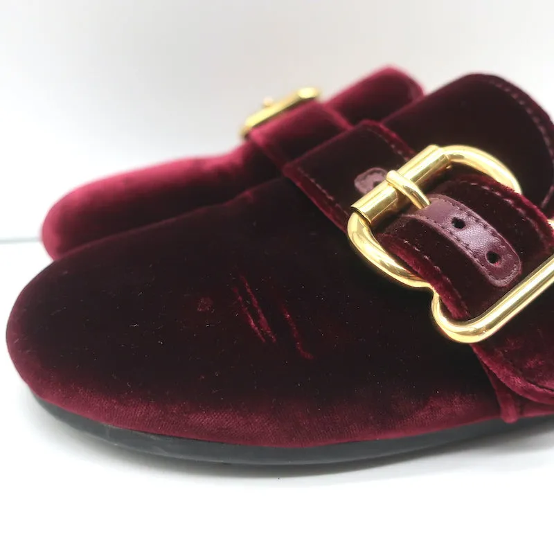 Prada Velvet Clogs Bordeaux Size 38 Flat Buckle Mules