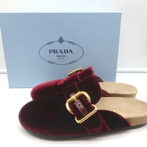 Prada Velvet Clogs Bordeaux Size 38 Flat Buckle Mules