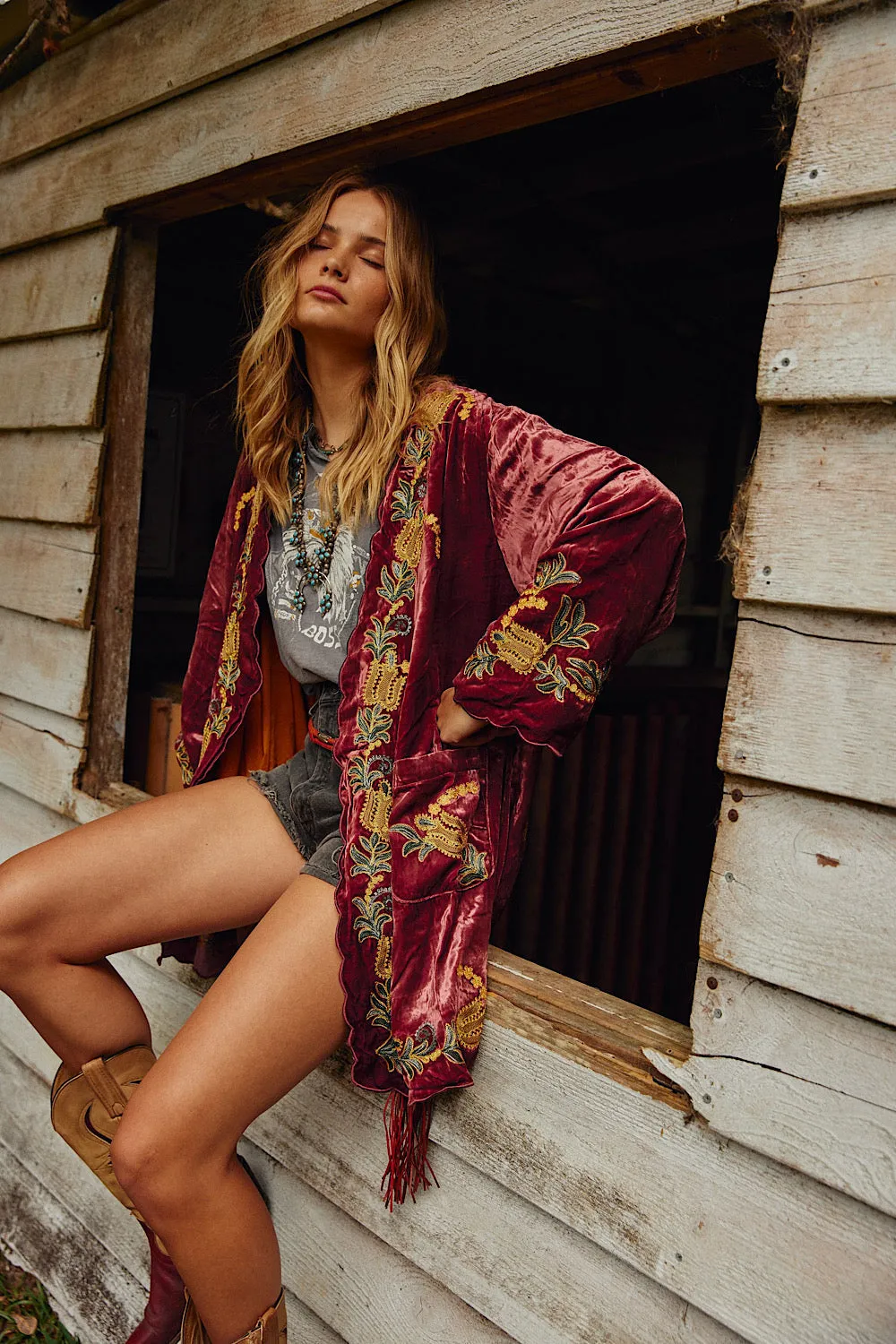 Proud Mary Silk Velvet And Embroidered Short Housecoat - ruby wine
