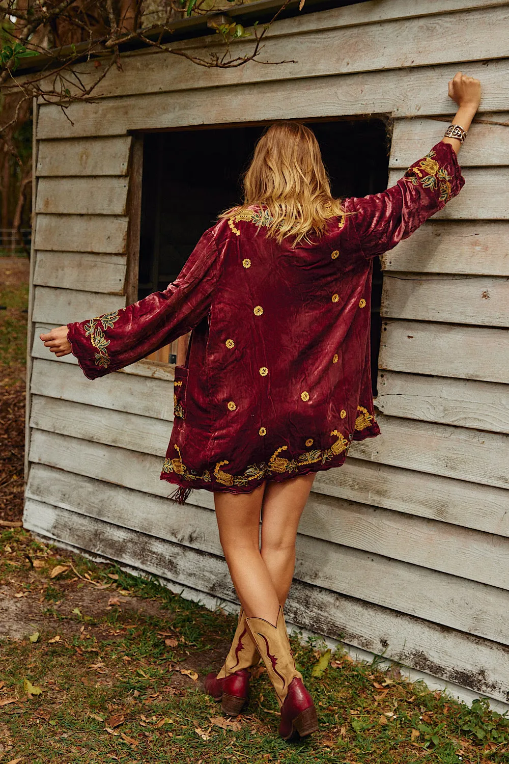Proud Mary Silk Velvet And Embroidered Short Housecoat - ruby wine