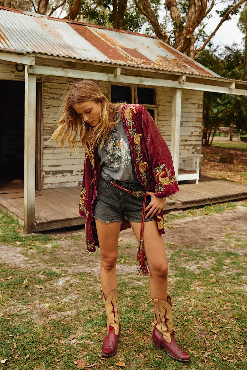 Proud Mary Silk Velvet And Embroidered Short Housecoat - ruby wine
