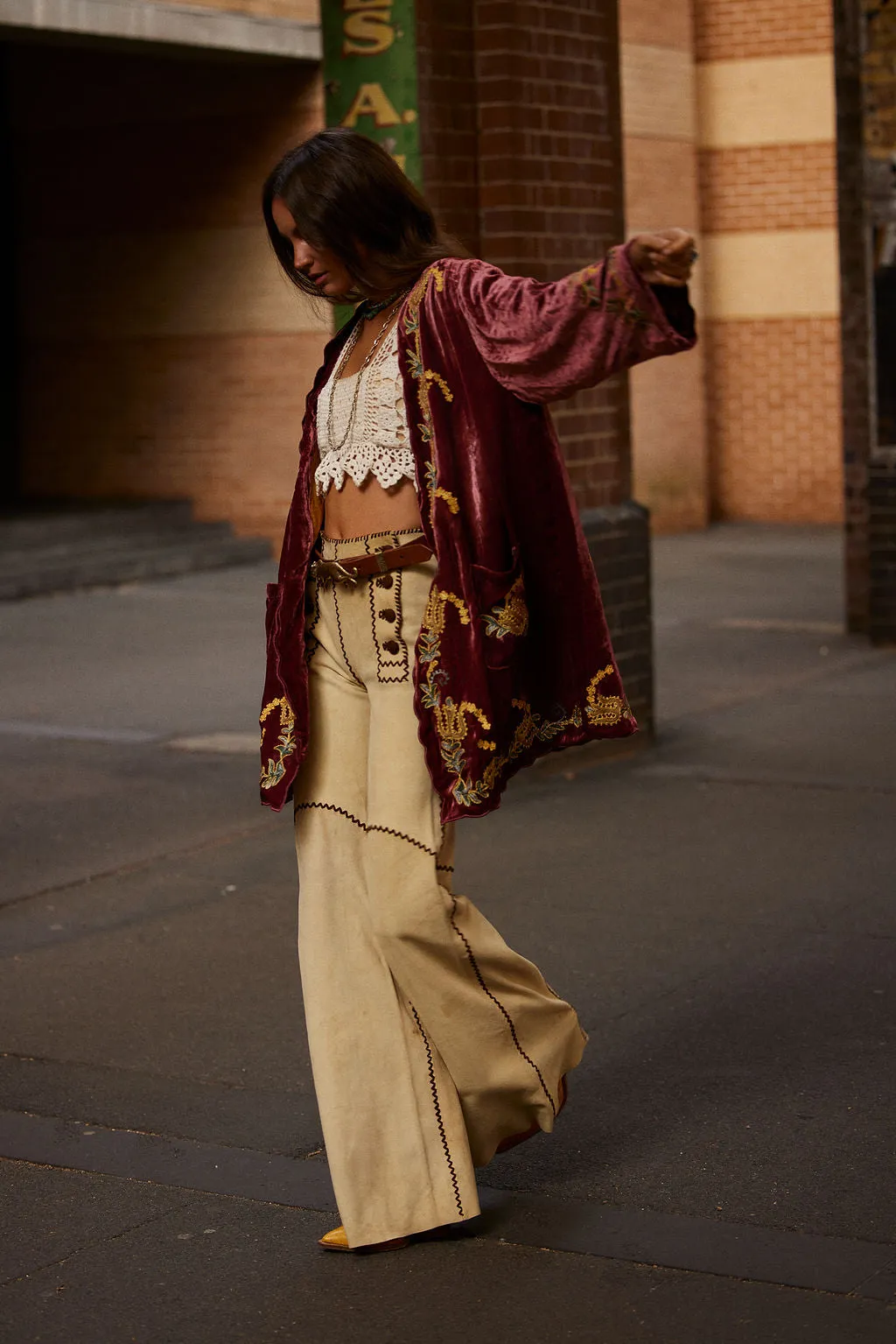 Proud Mary Silk Velvet And Embroidered Short Housecoat - ruby wine