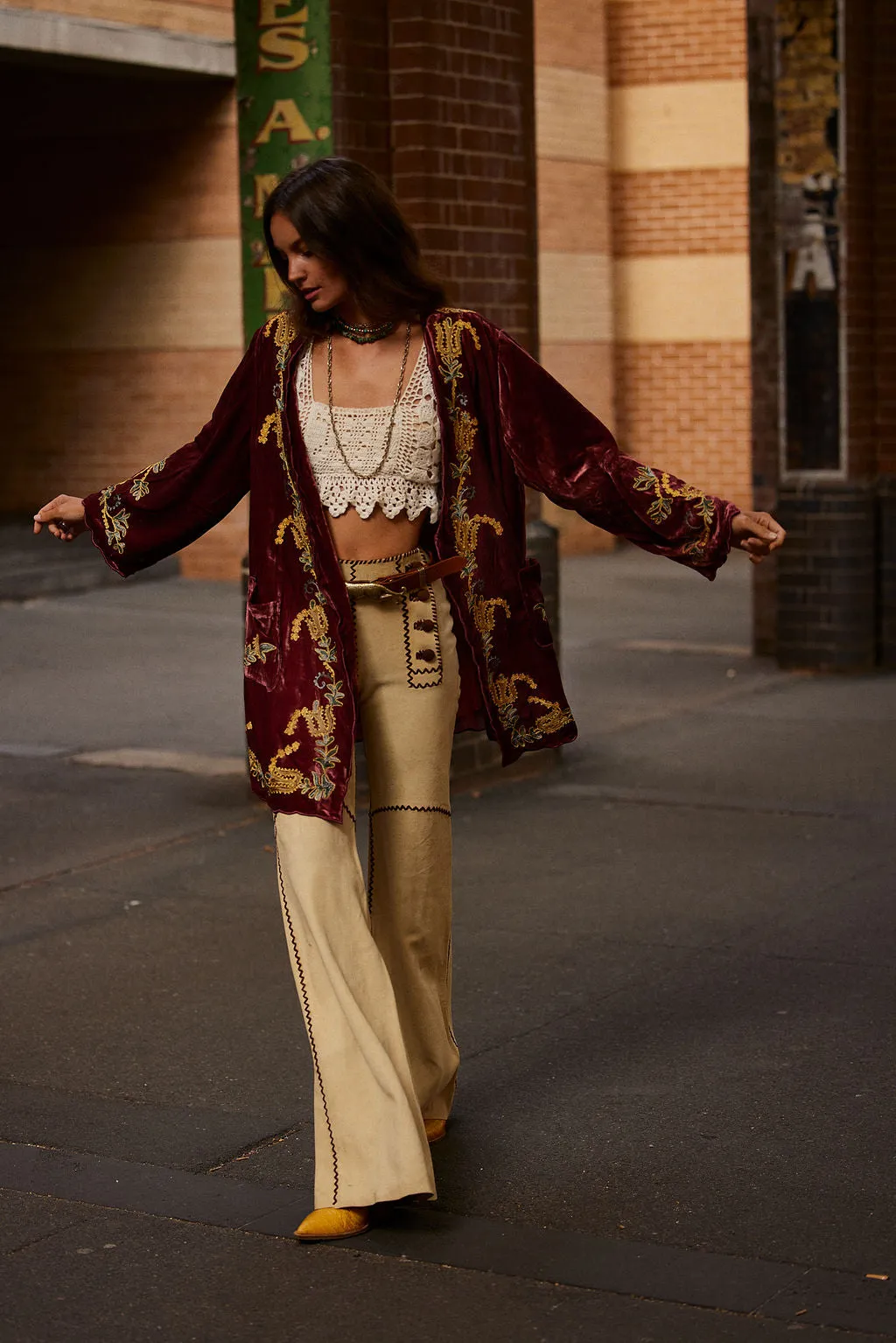 Proud Mary Silk Velvet And Embroidered Short Housecoat - ruby wine