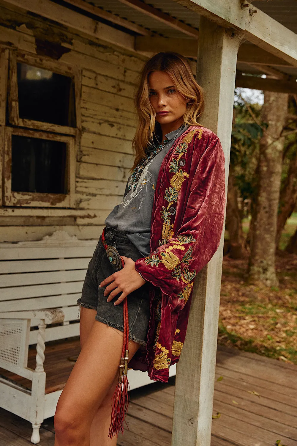 Proud Mary Silk Velvet And Embroidered Short Housecoat - ruby wine
